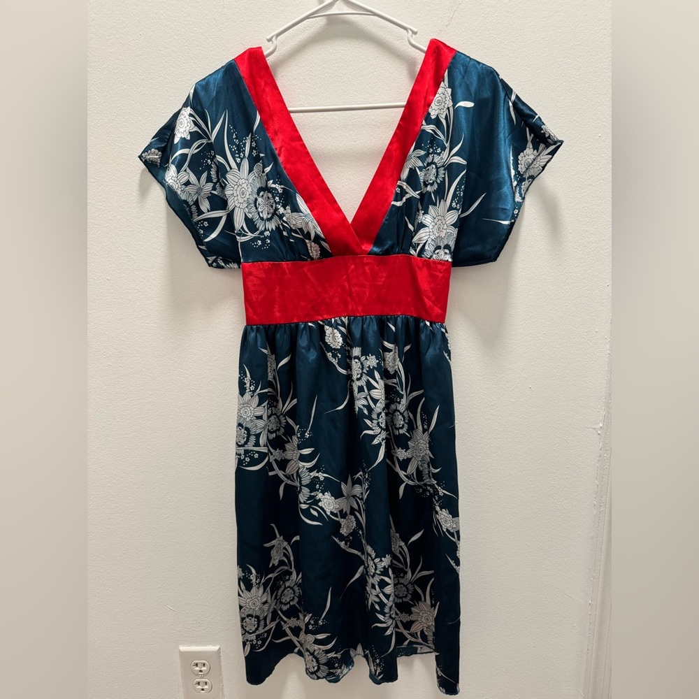 Blue Floral Satin Dress with Red Trim